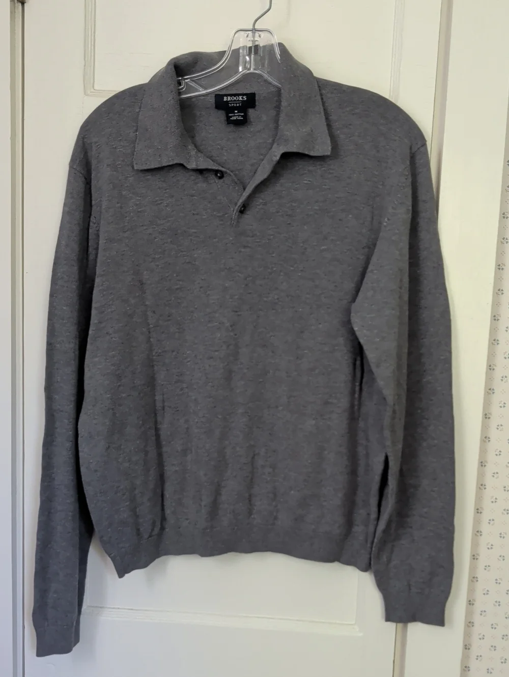 Brooks Sport Sweater Shirt Gray V-Neck 1/4 button Cotton Knit Long Sleeve Polo
